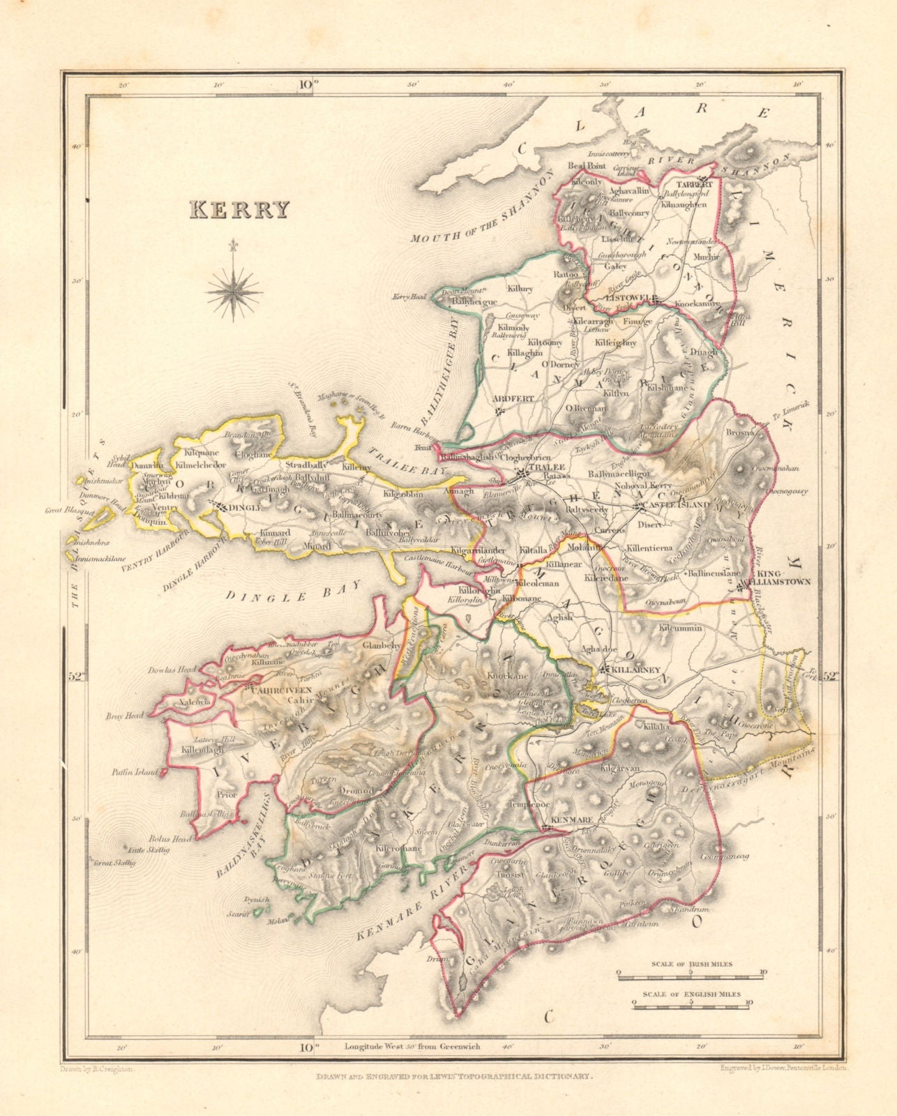COUNTY KERRY antique map for LEWIS by DOWER & CREIGHTON. Ireland 1846 old